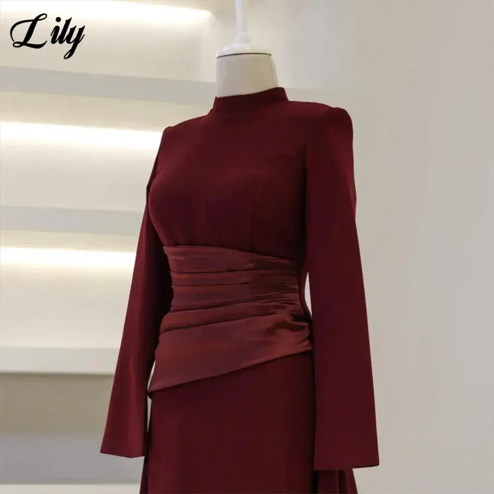 Lily Burgundy Satin Mermaid Prom Dress With High Neck Sleeves Dubai