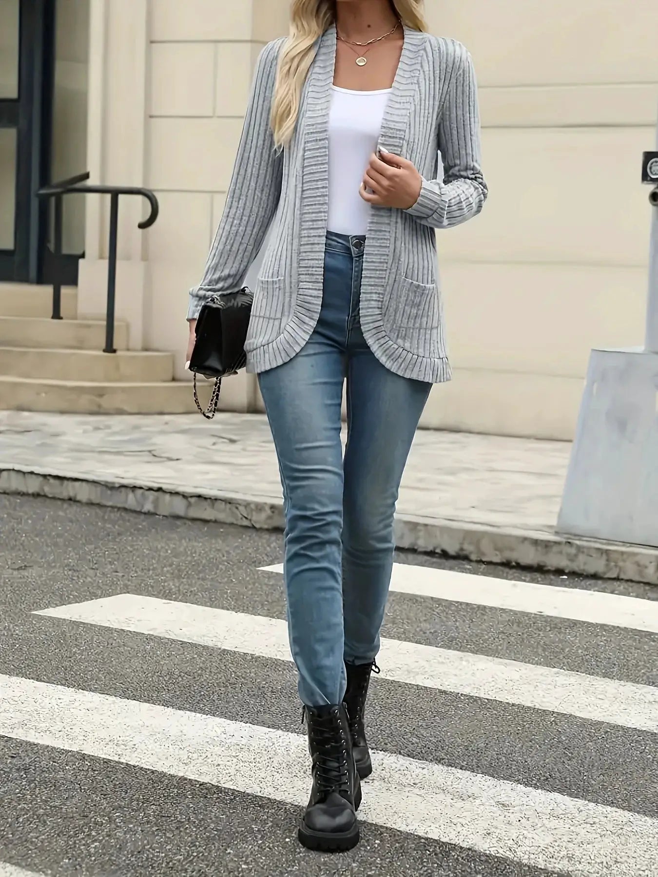 StyleNest Solid Color Brushed Pinstripe Cardigan Jacket For Women With Cozy Warmth And High Stretch Knit