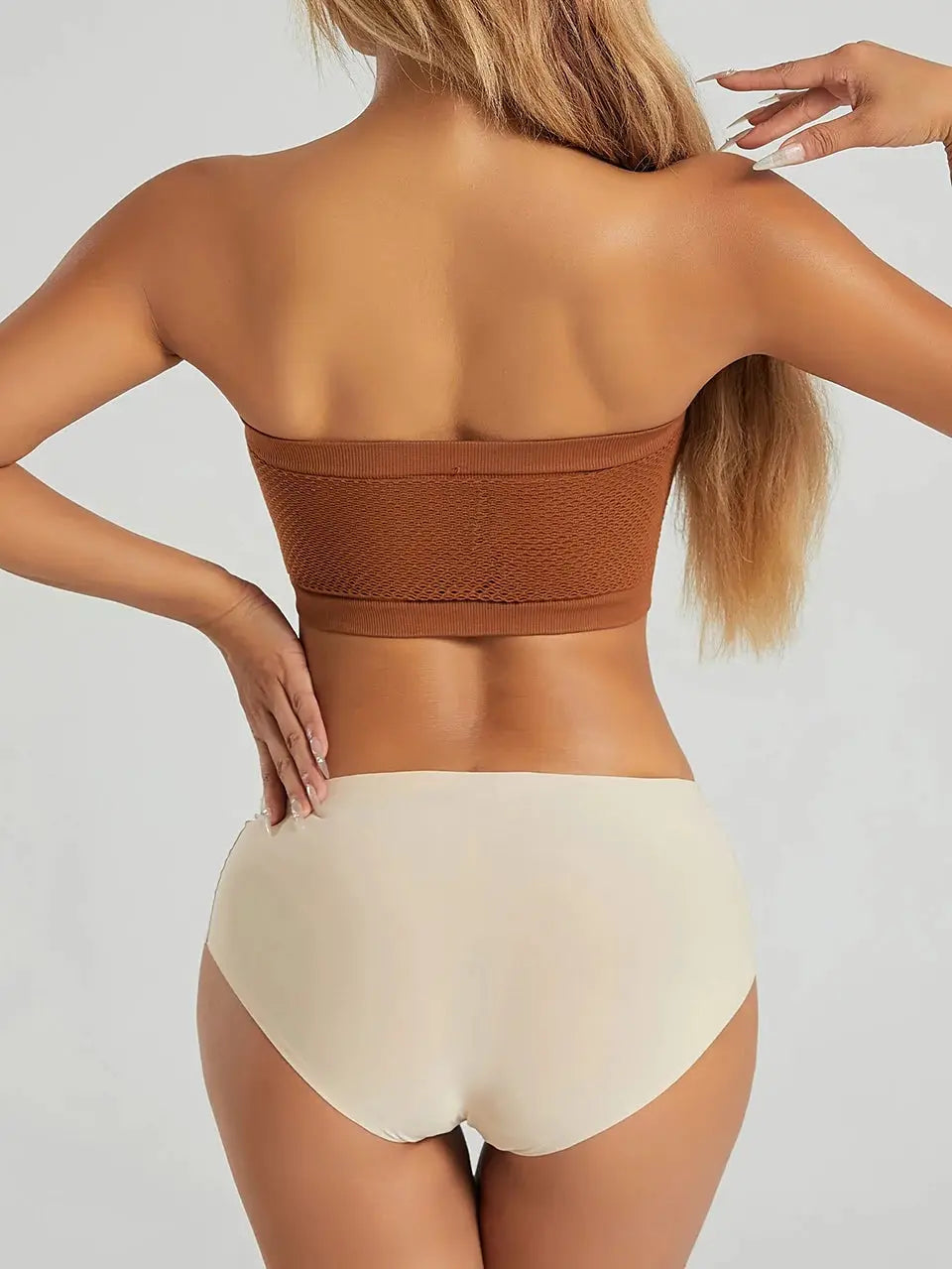Plus-size strapless bandeau bra, seamless wireless front-closure in caramel brown with textured mesh band