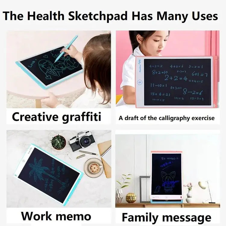 Simples Market LCD drawing tablet; four-panel collage in turquoise and pink frames for kids drawing.