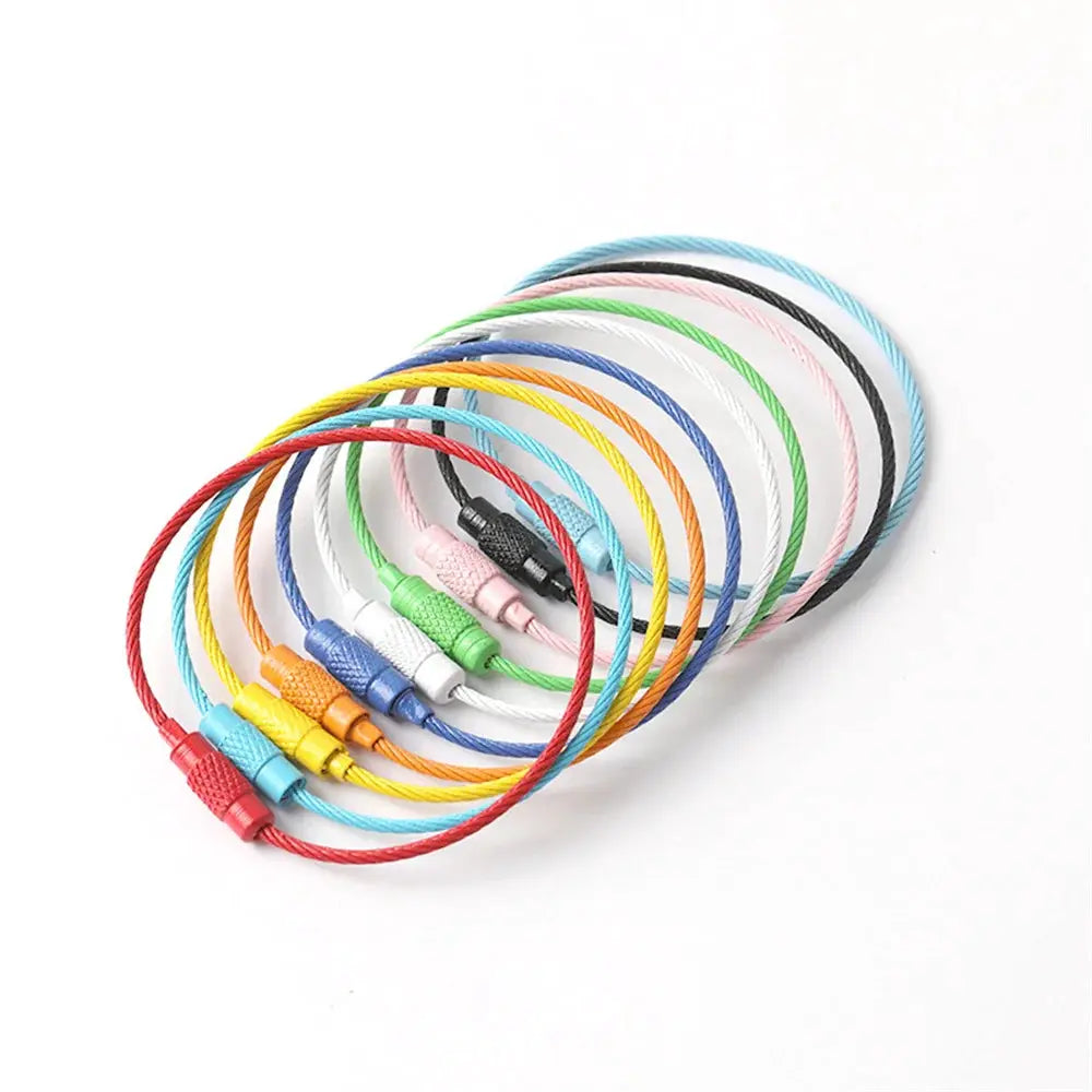 Stainless steel DIY keychains kit from Simples Market with assorted color cable loops and screw locks, 10–50 pcs.