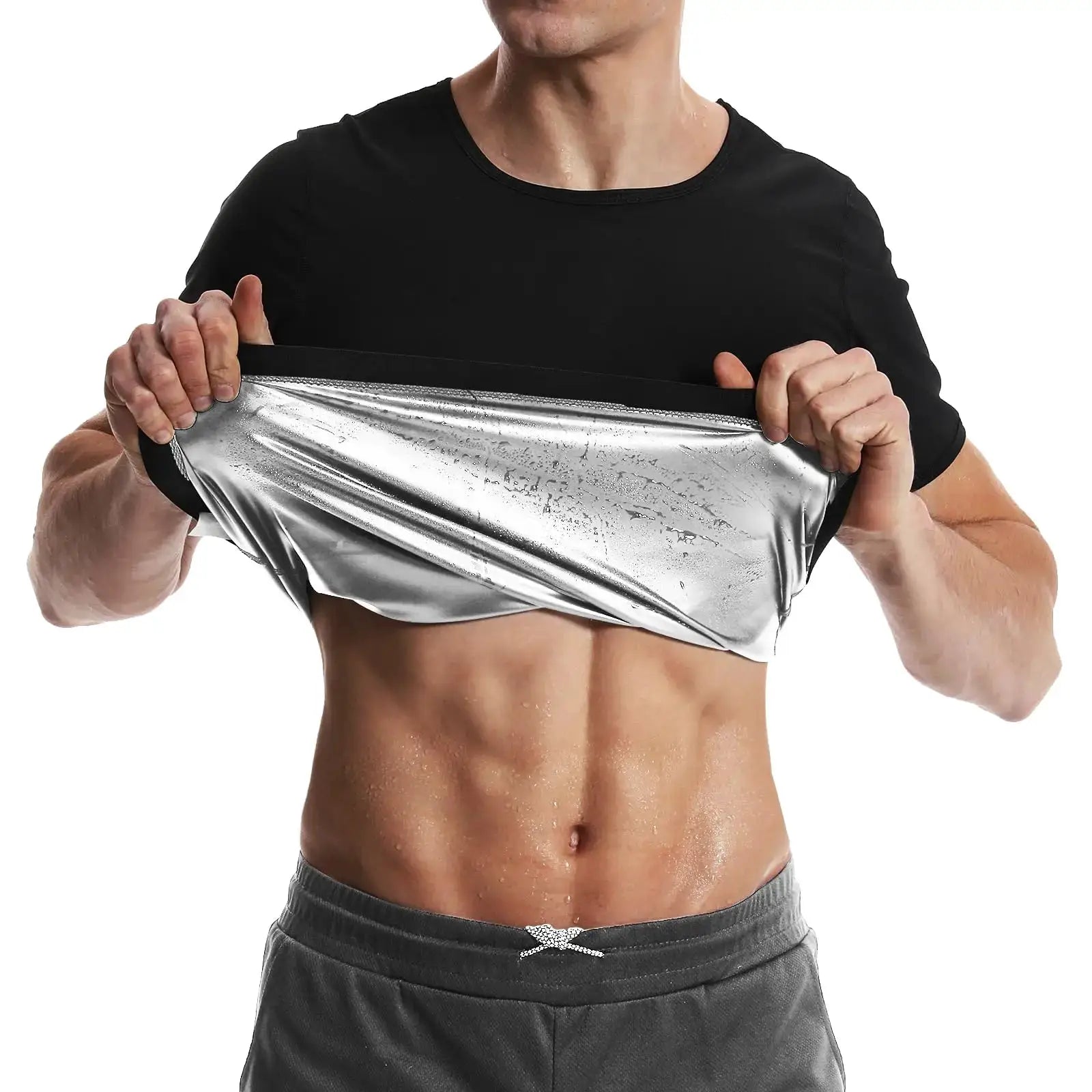Pop Closets mens sauna shirt; black short-sleeve compression tee with metallic silver inner lining