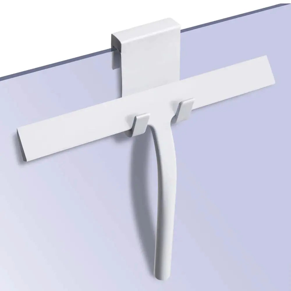 White silicone shower squeegee with long curved handle and wall-mounted bracket