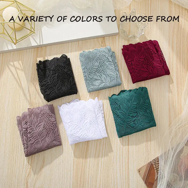 Six-color lace underwear pieces in black, light blue, burgundy, mauve, white, and teal