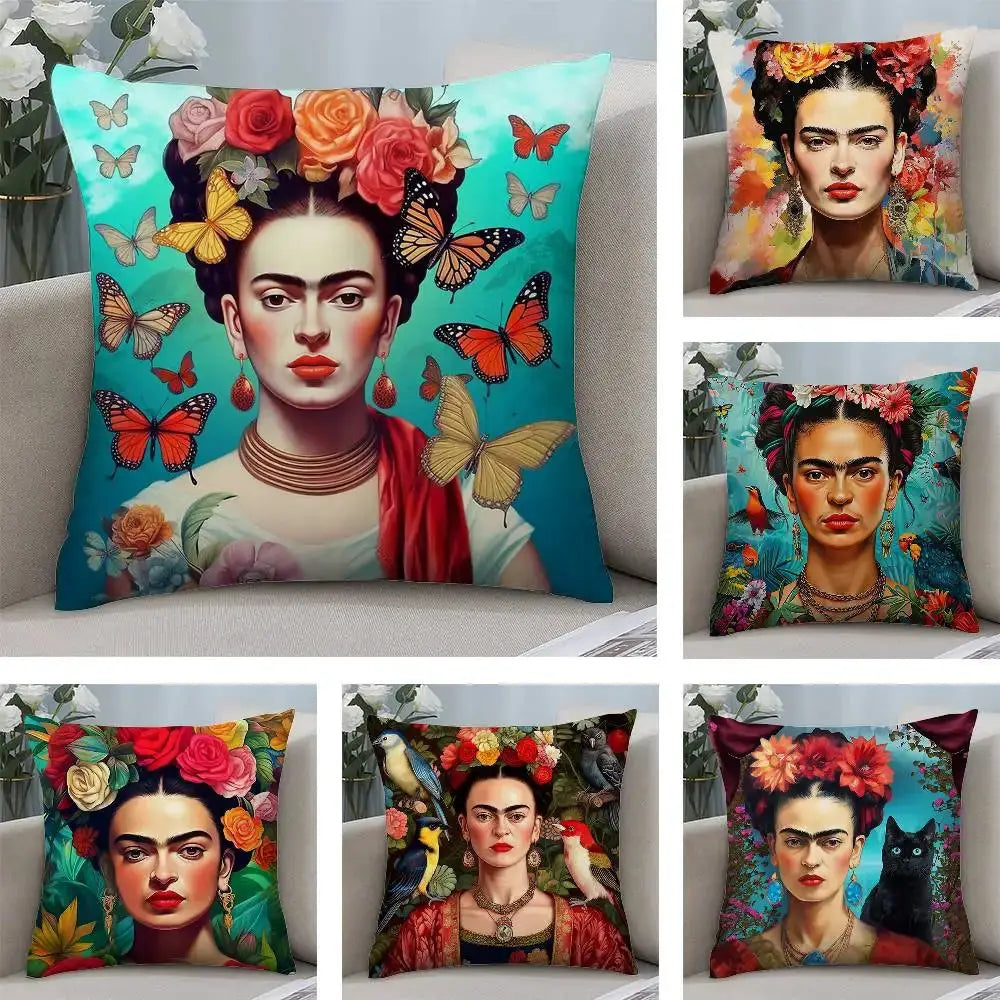 Frida Kahlo art pillow covers set by Simples Market; short plush, double-sided square prints (7-piece)
