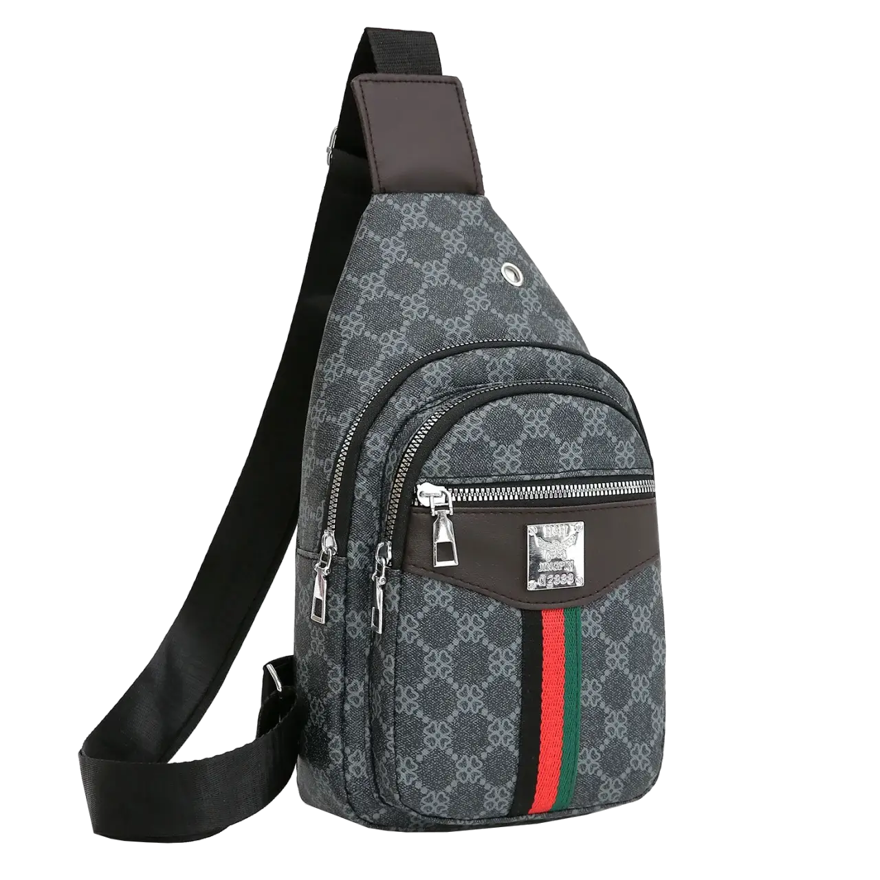 Simples Market men's crossbody messenger bag in grey patterned cloth with brown trim and green-red stripe