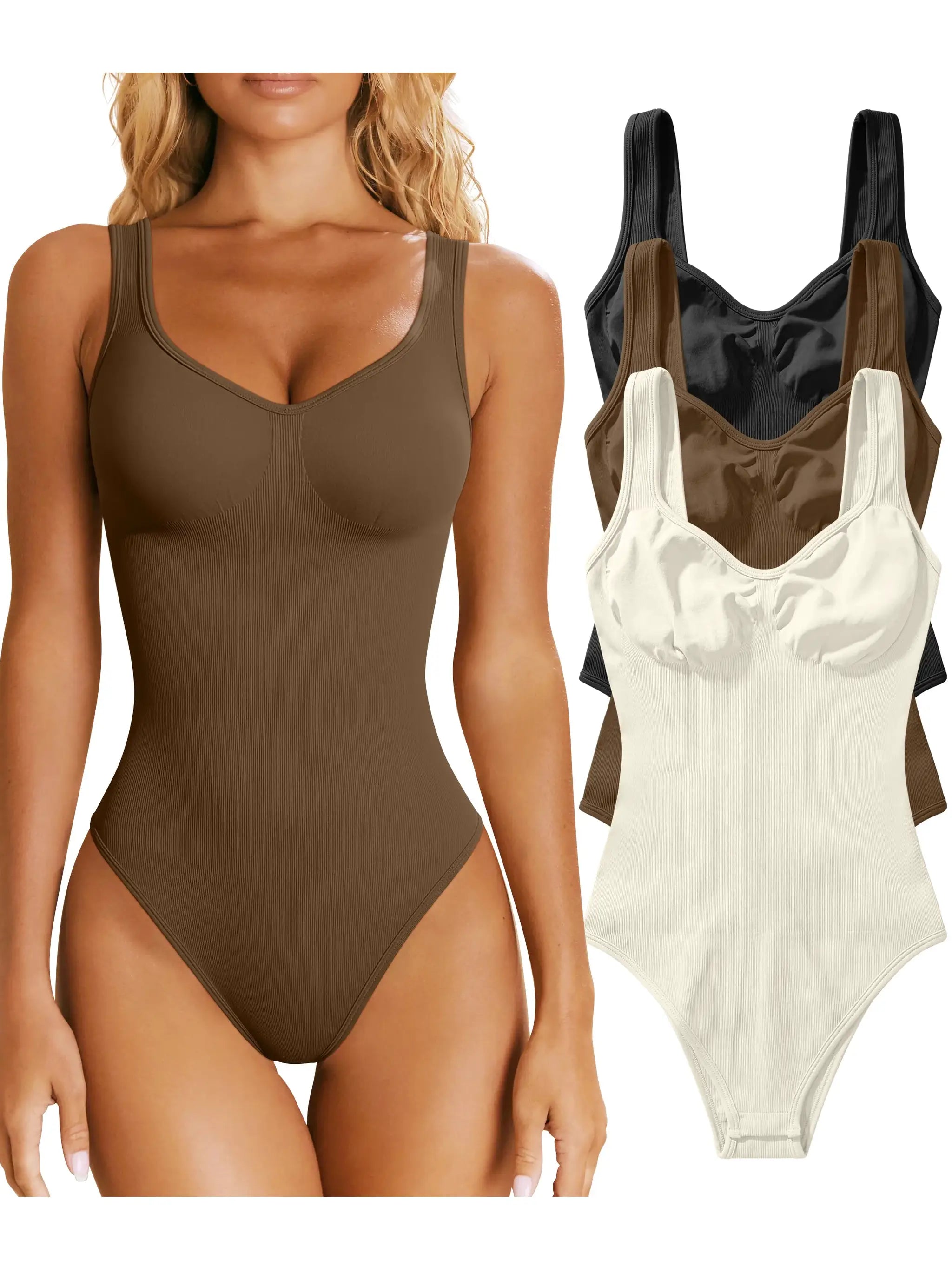 Seamless ribbed bandage backless bodysuit for women in brown with black, ivory, taupe options.