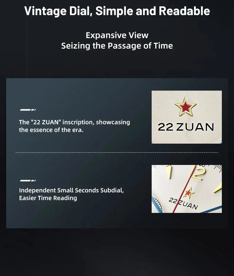 Seagull 1963 watch on marketing slide with vintage dial and 22 ZUAN logo
