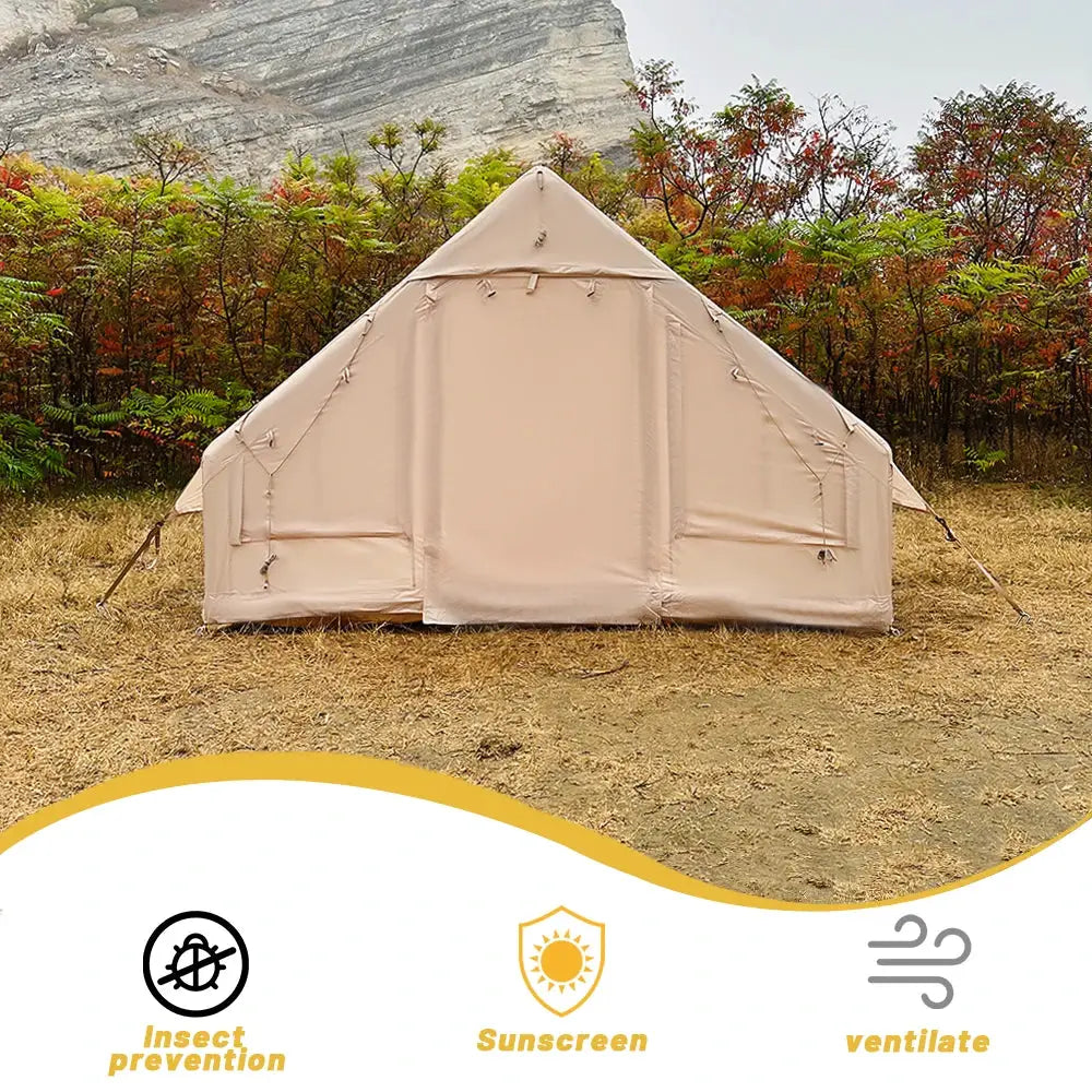 Beige inflatable family camping tent for 4–8 people shown on dry ground