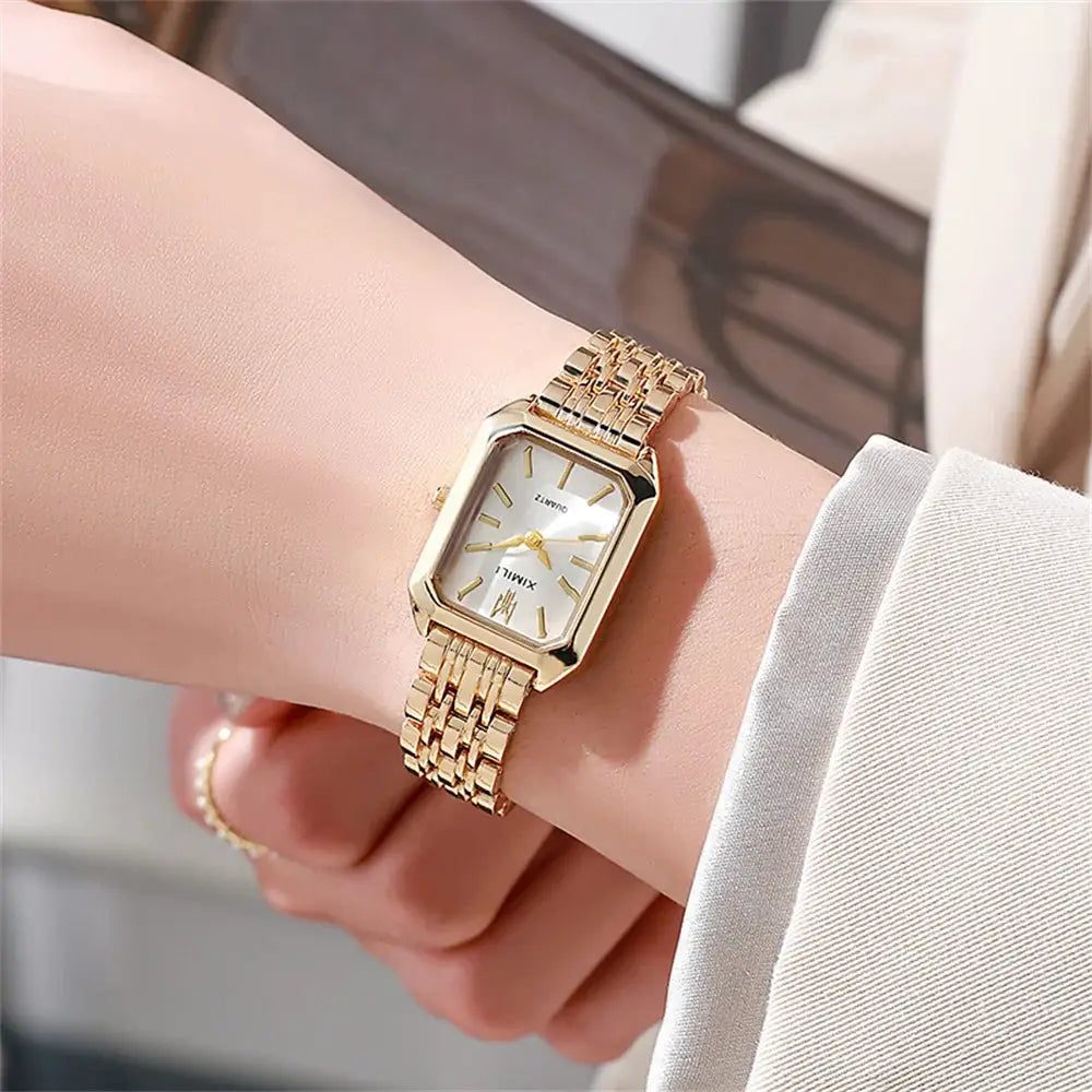 AuroraTime LuxeSquare Ladies Quartz Watch Gold Plated Stainless Steel Case Elegant Square Dial