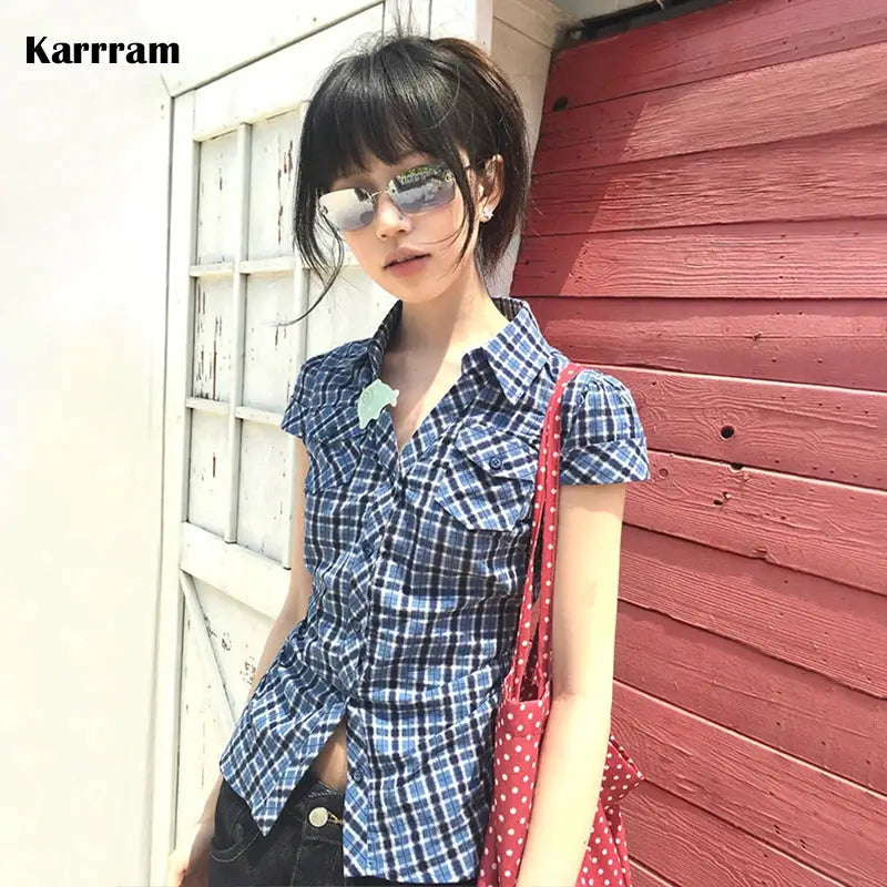 Karrram blue plaid short-sleeve shirt for women, vintage Harajuku style, V-neck