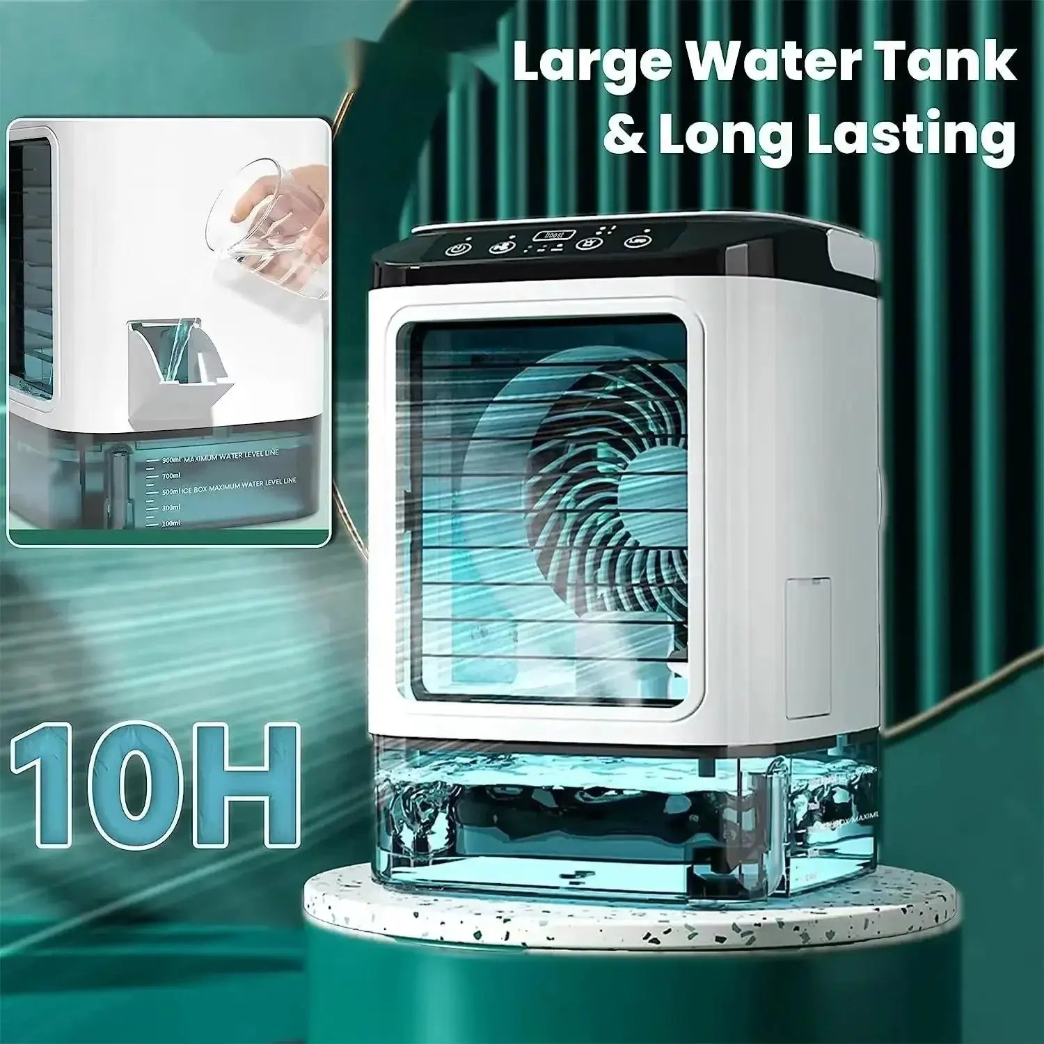 HOMEFISH small desktop humidifier with large water tank; two white devices: a humidifier and a portable USB fan.