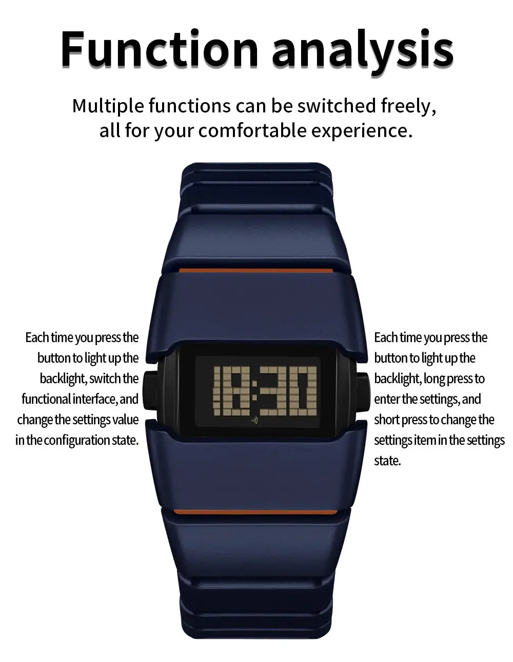 SANDA 9504 Y2K retro digital watch with navy blue strap, night-light display, 5ATM waterproof, unisex.