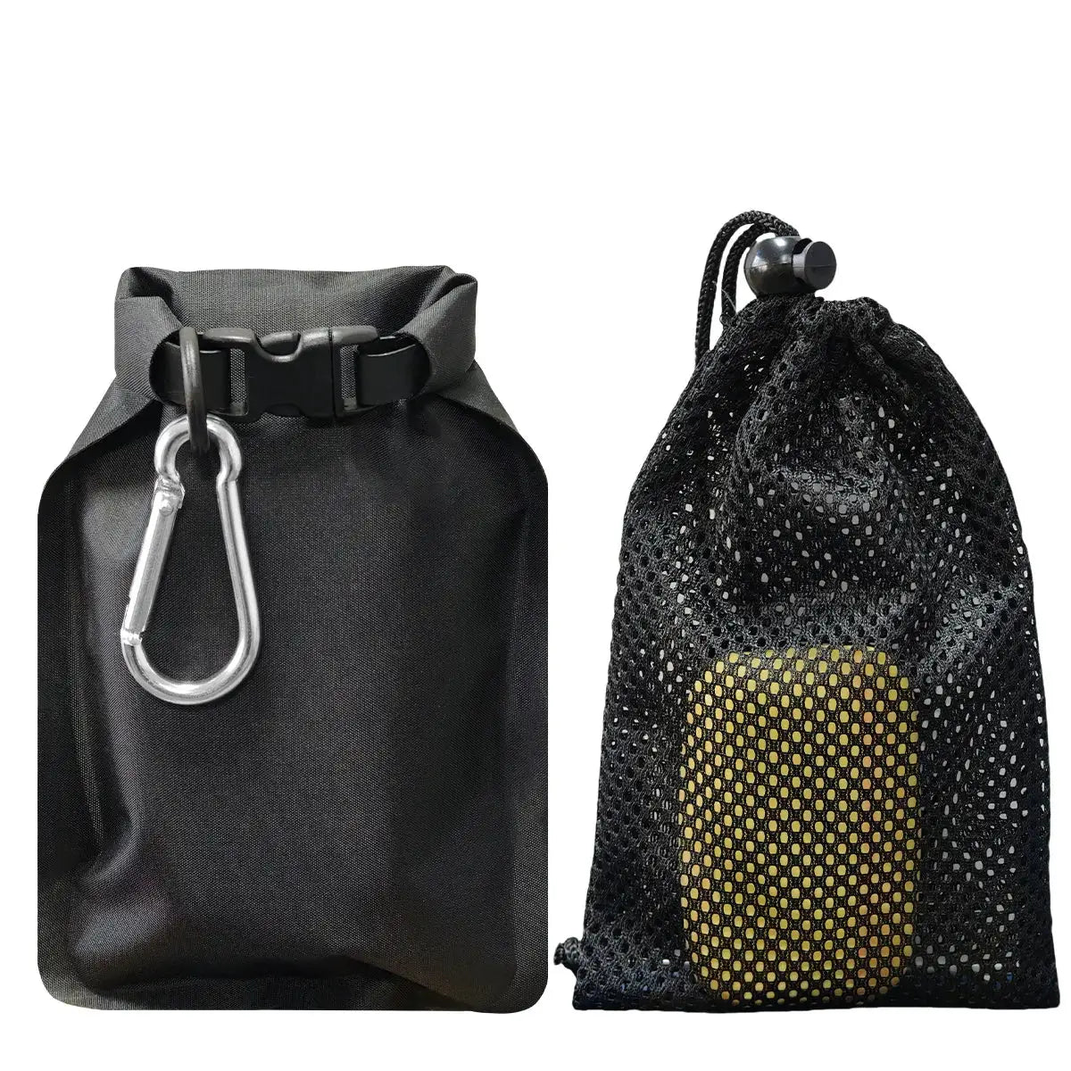 Soap bar case two-piece set by Simples Market: waterproof travel case with carabiner and black mesh pouch