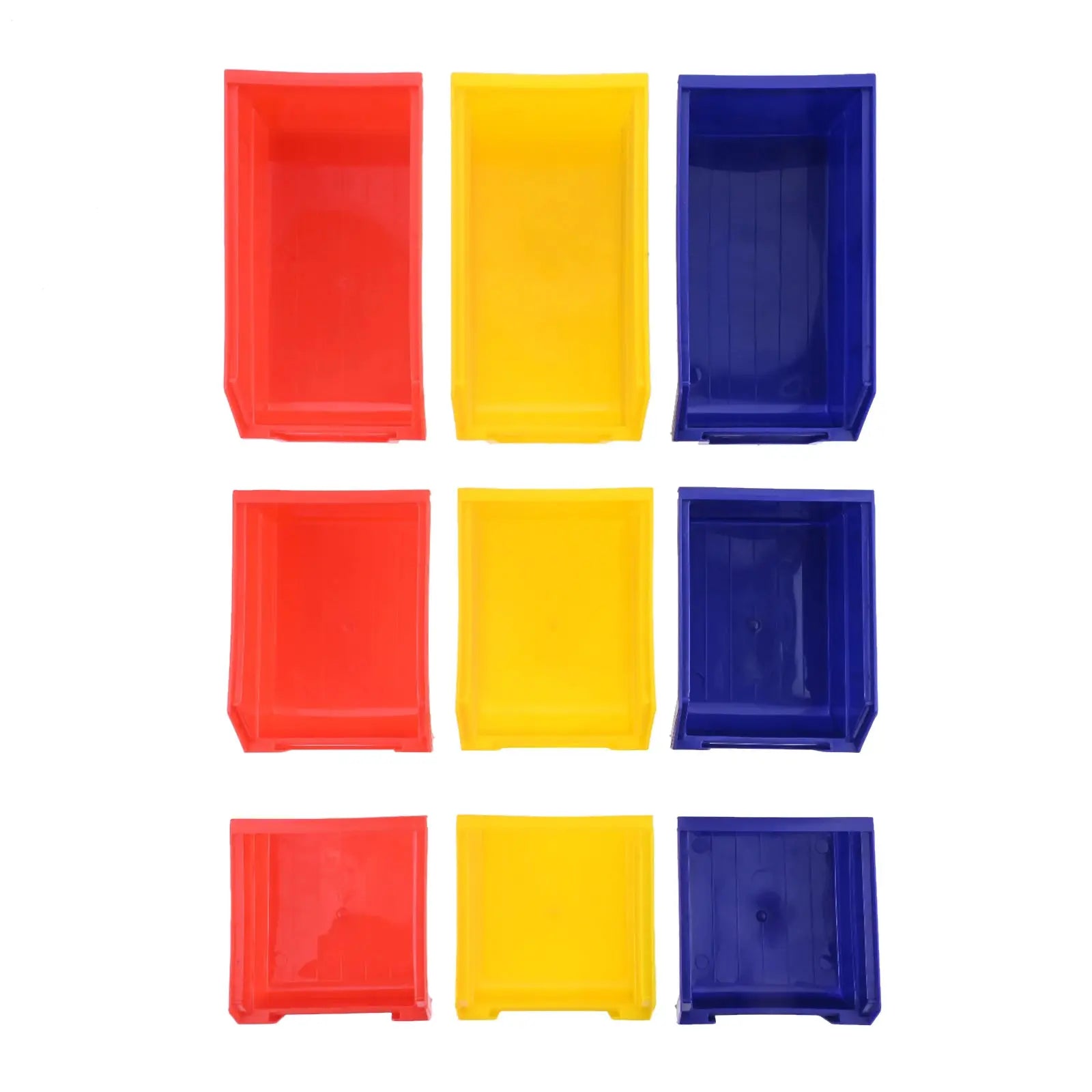 ABS stackable storage bins by Simples Market in red, yellow and blue; 9-pack display