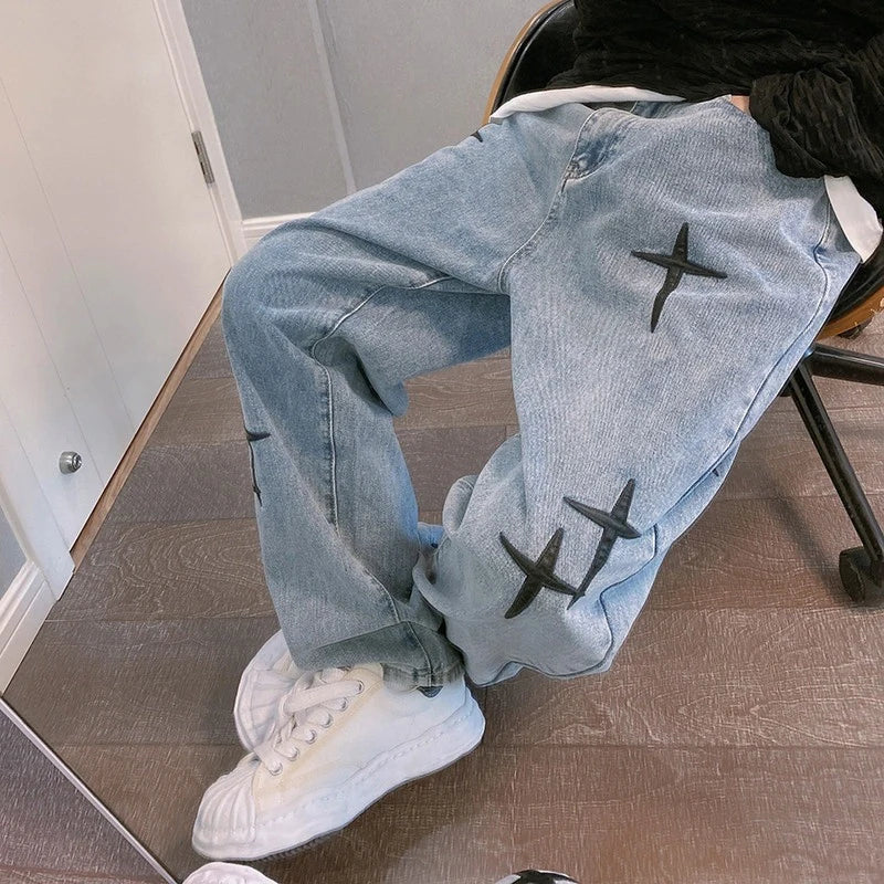 Men Baggy Wide Leg Denim Jeans Cargo Pants 2023 Korean Fashion