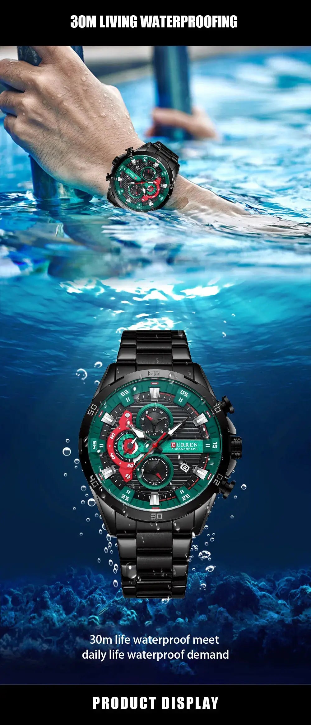 CURREN 8402 men's stainless steel chronograph watch with green luminous dial, black bracelet; two watches shown