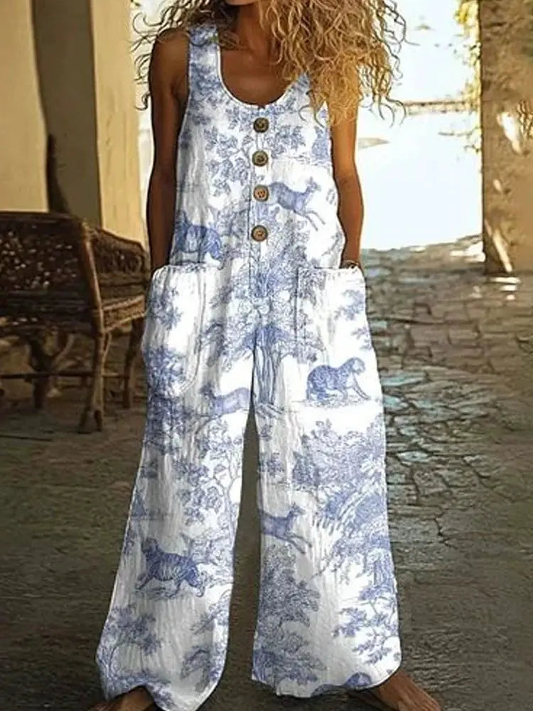Sleeveless jumpsuit in blue-and-white vintage print with button-front, wide-leg silhouette.