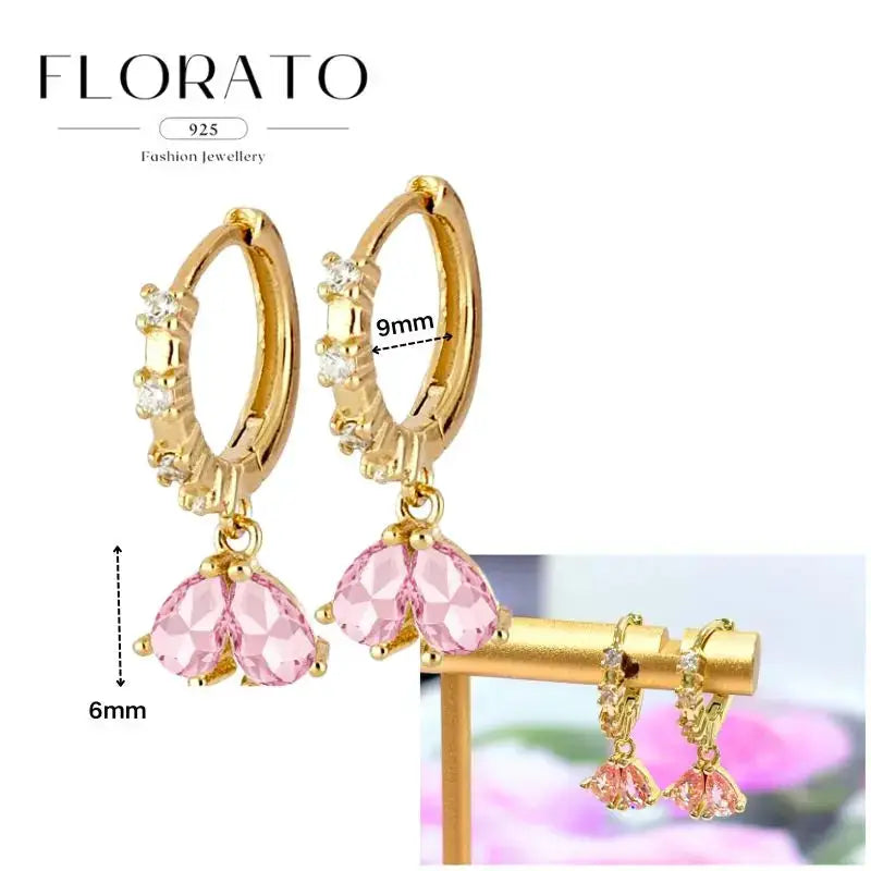 Gold-tone hoop earrings with pink zircon drop pendants, Florato 925, pair