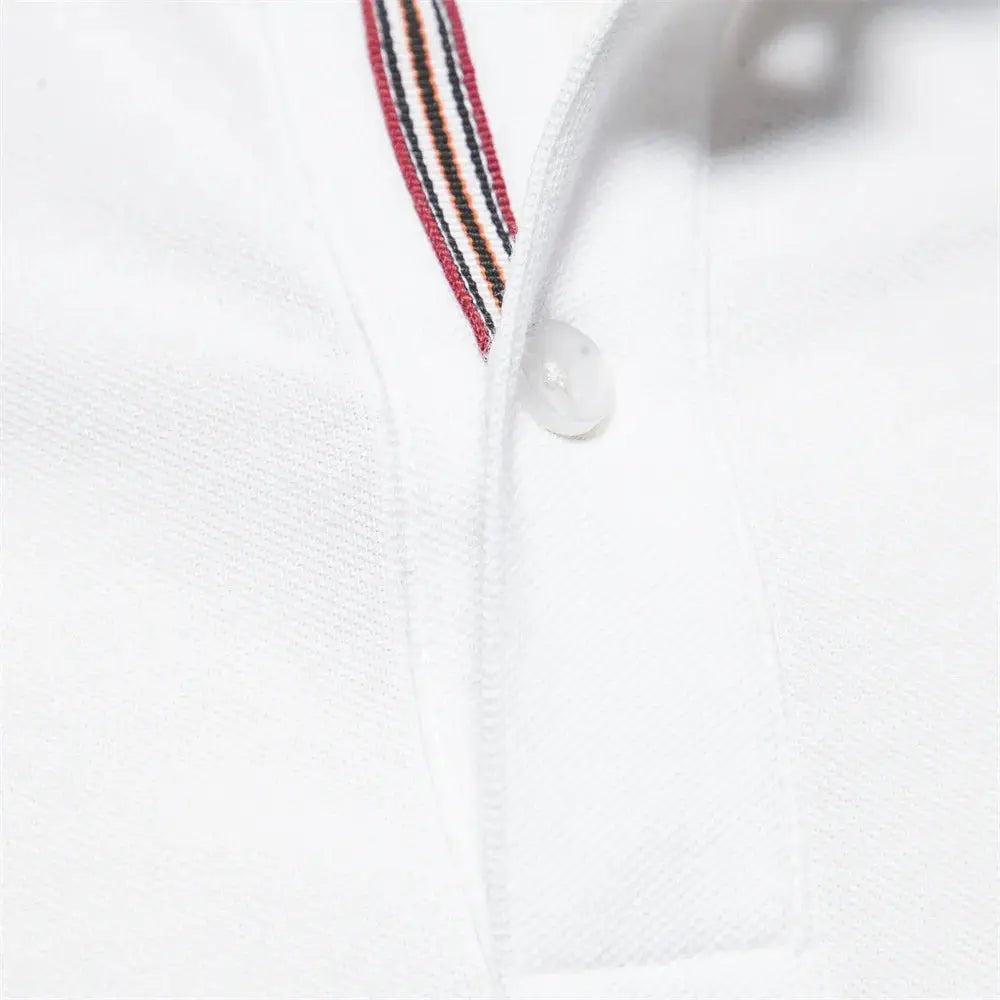 Men's white cotton polo shirt with short sleeves and striped trim at the collar placket.