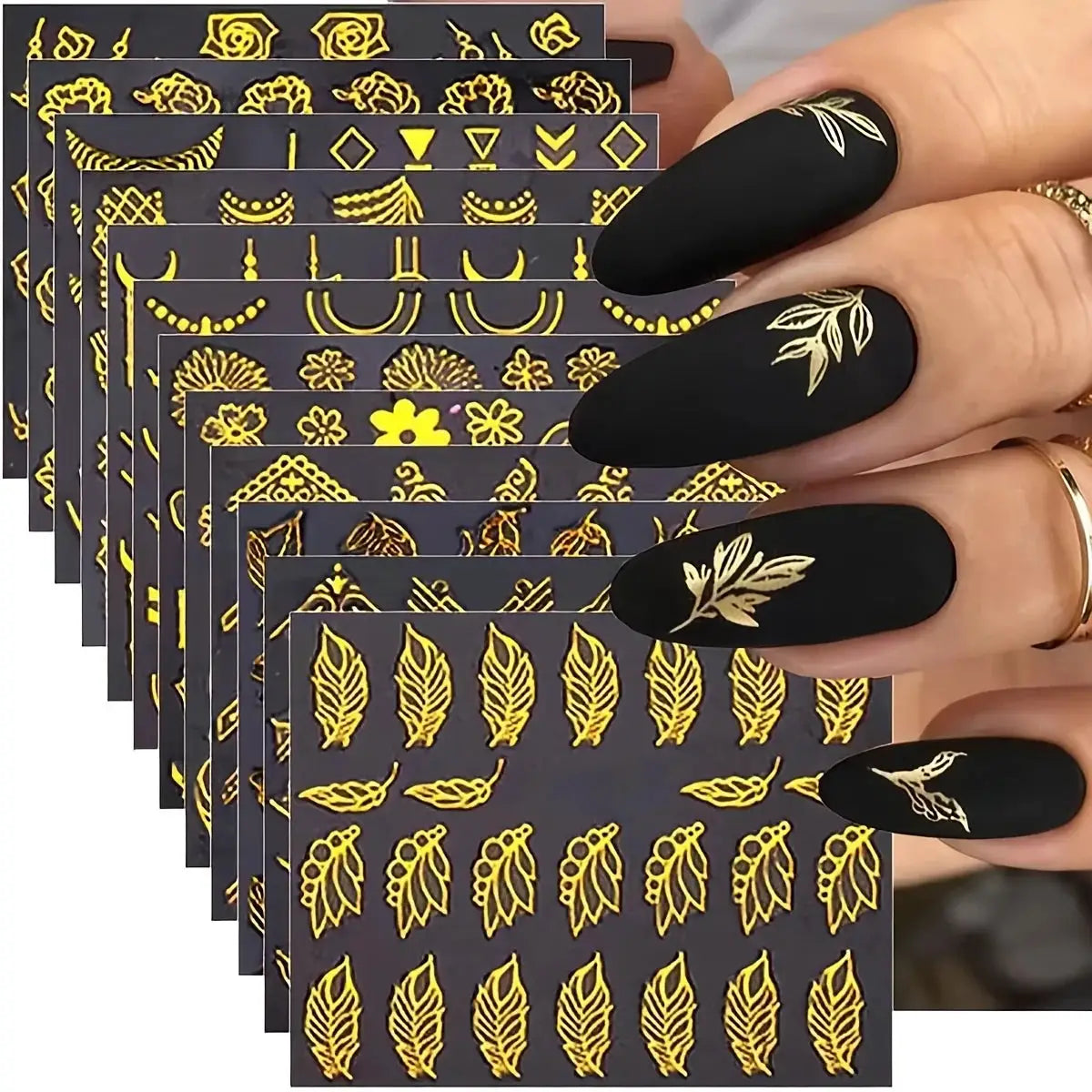 Nail art sticker set by Simples Market, 30 sheets of gold floral 3D self-adhesive designs for DIY manicure