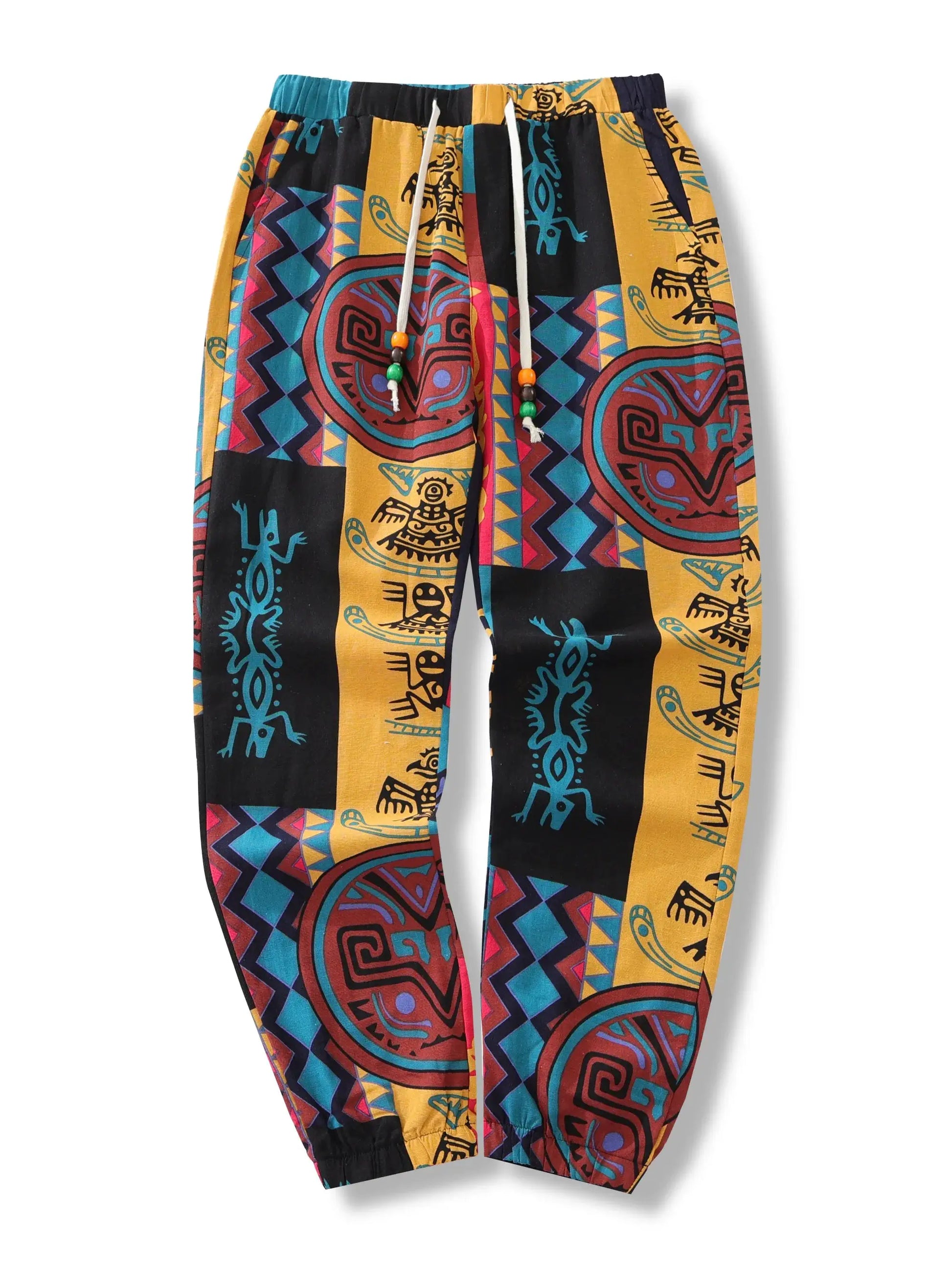 Men's boho tribal print jogger pants, lightweight linen-cotton blend with drawstring and pockets