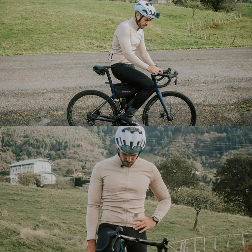 YKYWBIKE men's cycling jersey, beige long-sleeve thermal fleece-lined warm jacket for road bike and MTB