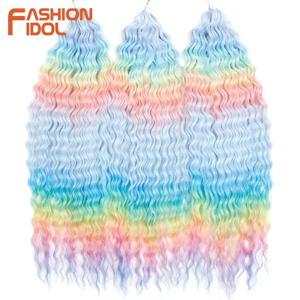 Fashion Idol rainbow ombre crochet hair extensions, synthetic Ariel curl water wave, 3 bundles