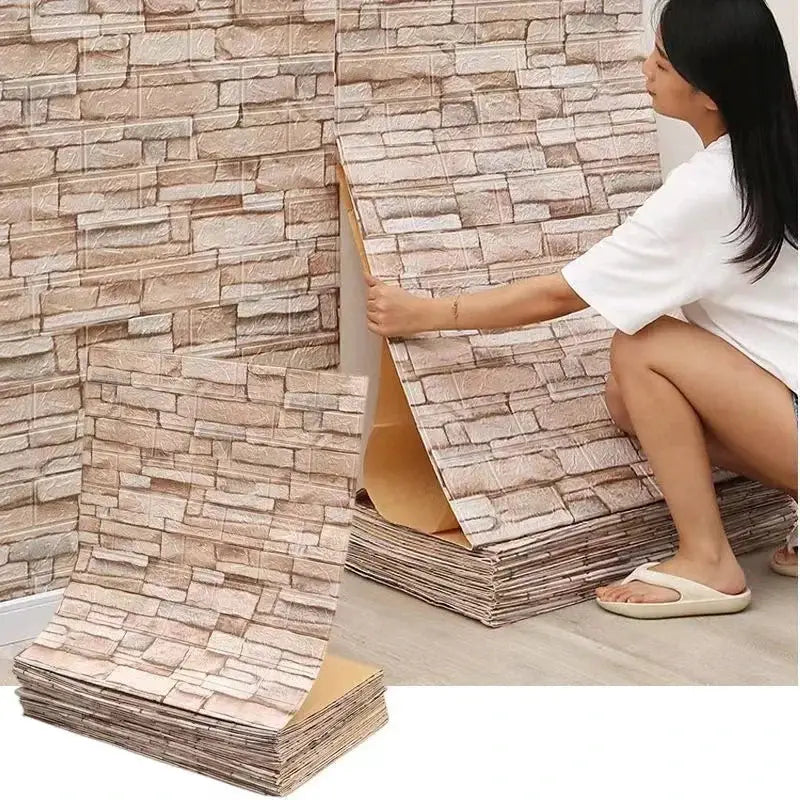 3D self-adhesive brick wallpaper roll, beige brick pattern, waterproof peel-and-stick wall decor Simples Market