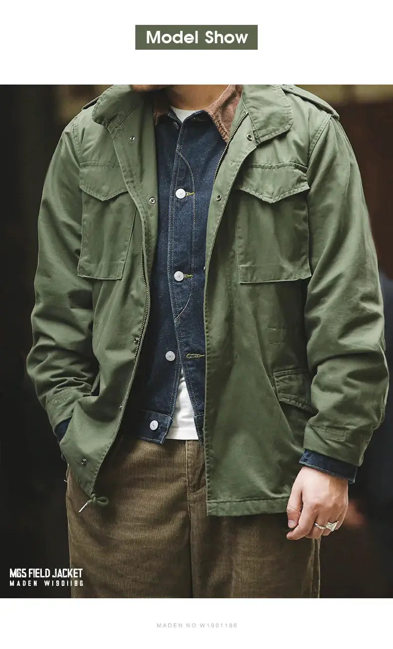 Maden Military M65 Field Jacket for Men in green with lapel collar and large cargo pockets