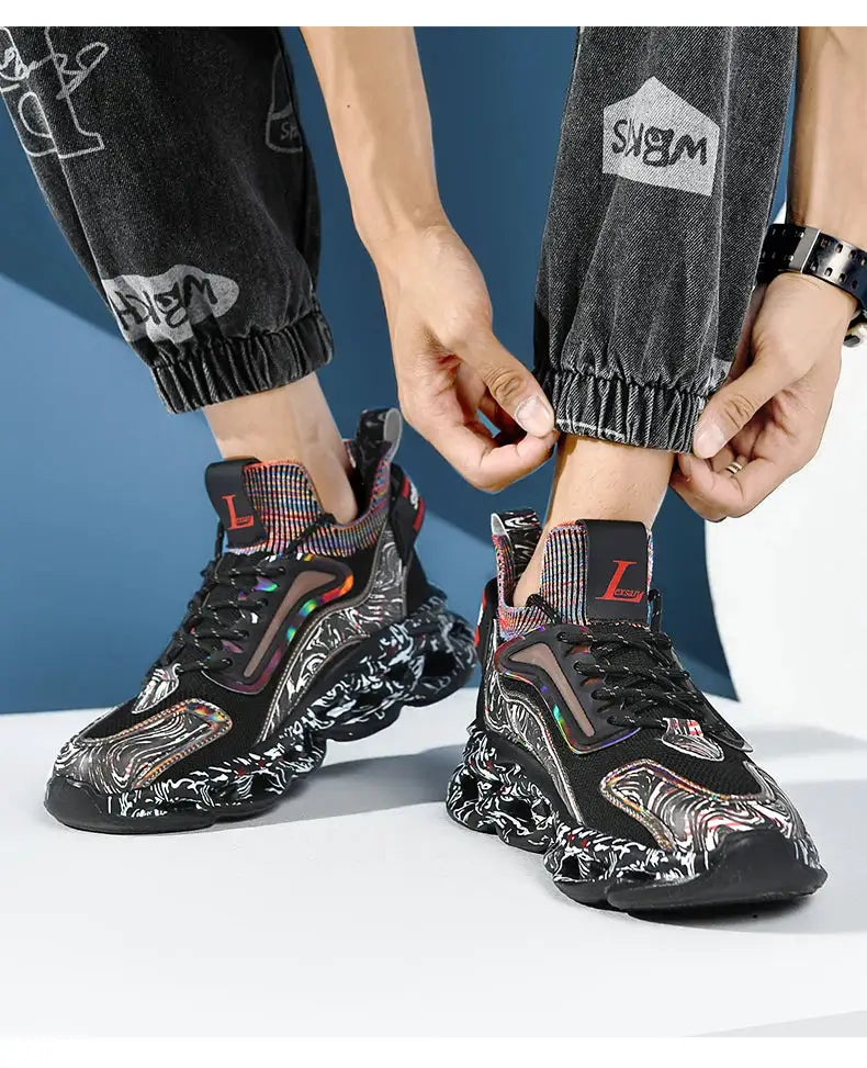 Simples Market men sneakers, black multicolor knit upper with breathable mesh, chunky patterned sole