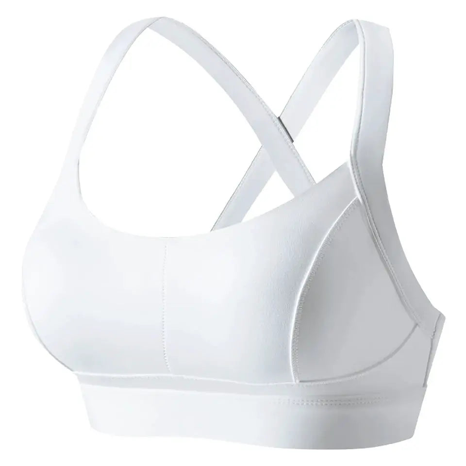 White high-impact sports bra with criss-cross back, padded, by Simples Market