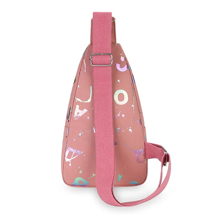 Simples Market chest bag crossbody sling backpack in pink peach with multicolor print