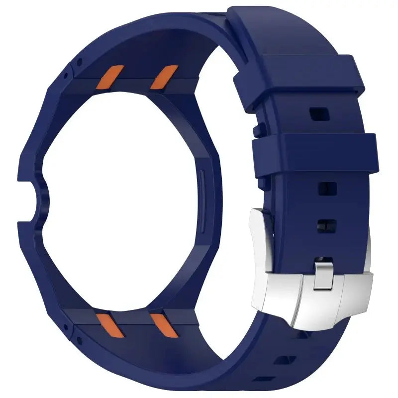2-in-1 PC case and silicone watch strap for Swatch X AP Royal Pop wristwatch, blue with orange accents and silver buckle