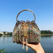 Simples Market luxury crystal rhinestone bucket clutch bag with multicolor gems and gold handle