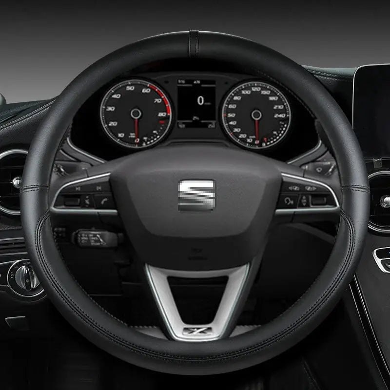 Simples Market black microfiber leather steering wheel cover, non-slip 38cm for Seat Tarraco/Arona/Ateca