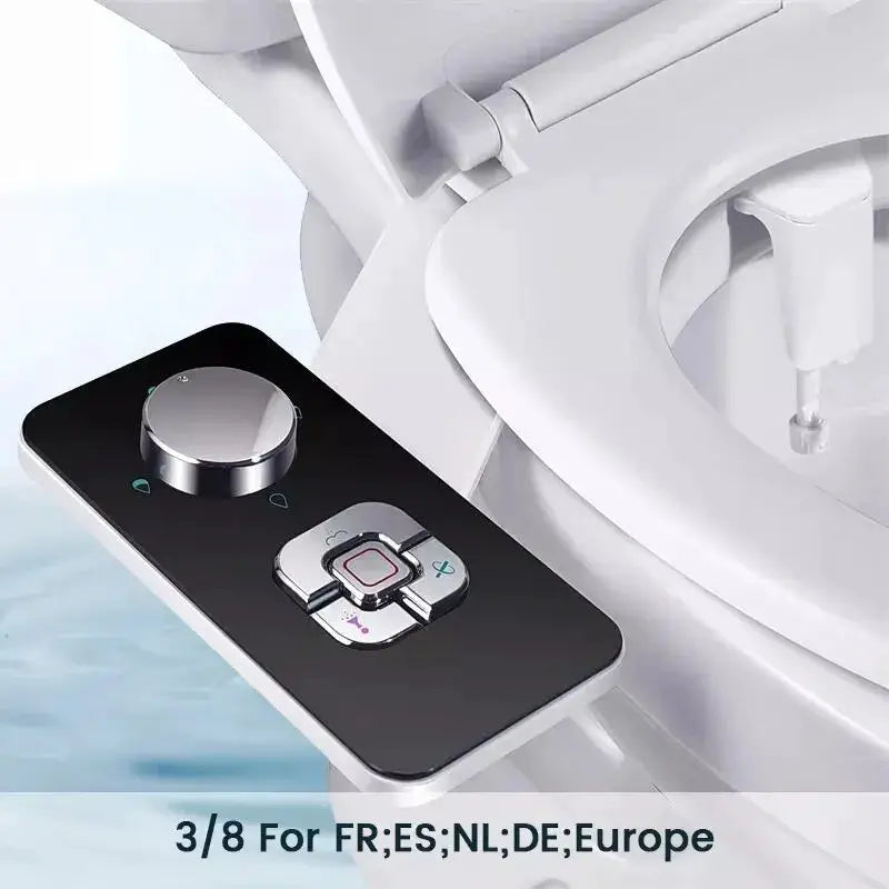 SAMODRA Bidet Attachment by Simples Market black control panel with pressure knob and retractable self-cleaning