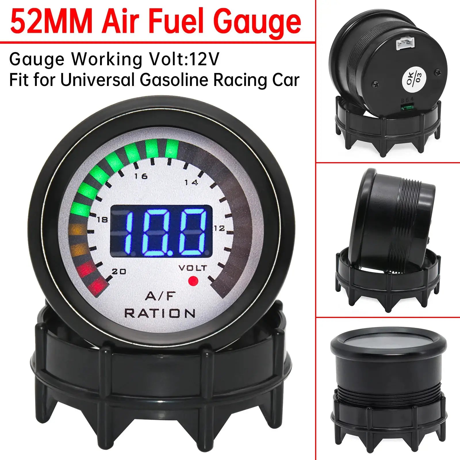 52mm air‑fuel ratio gauge with 2‑in‑1 voltmeter for 12V cars, black housing by Simples Market