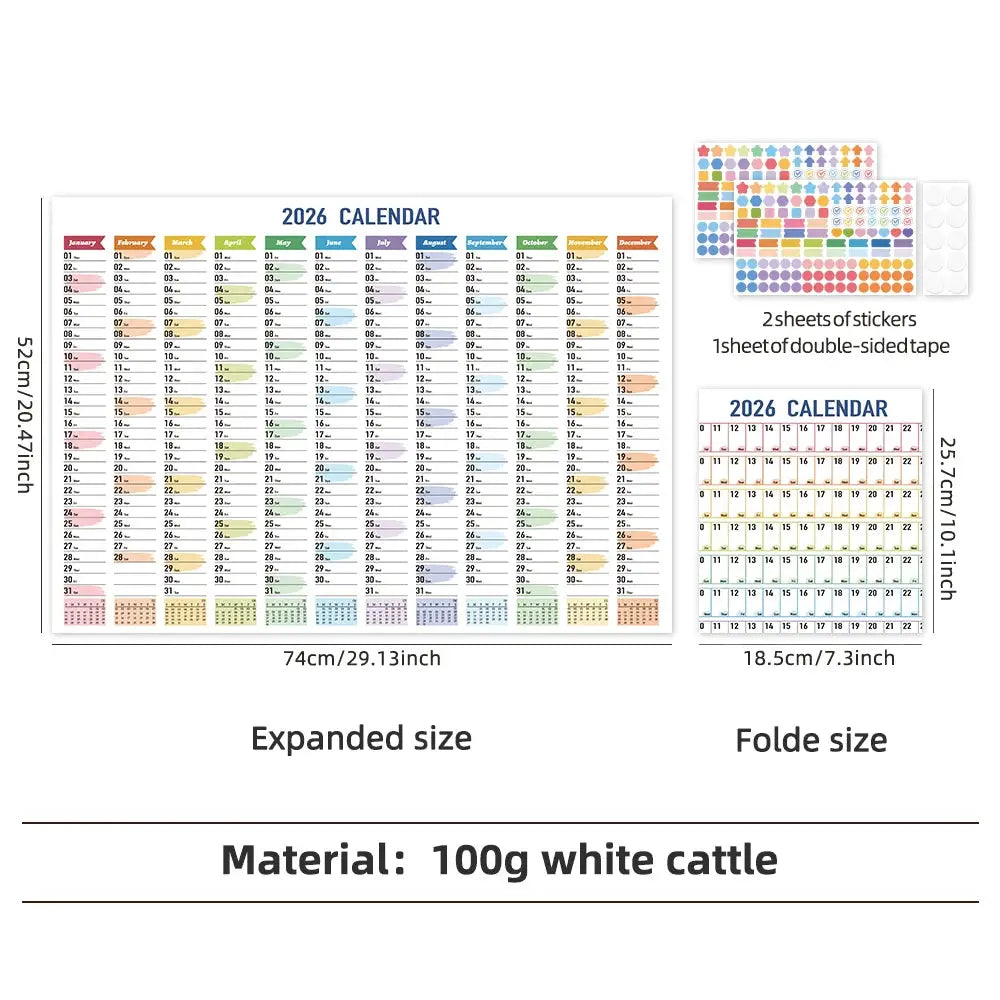 Colorful 2026 paper wall calendar with stickers; includes 2 sticker sheets and double‑sided tape for 365 days