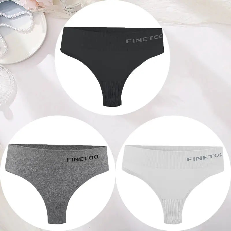3-piece FINETOO women's thong underwear set; black, gray, and white, seamless high-waist.