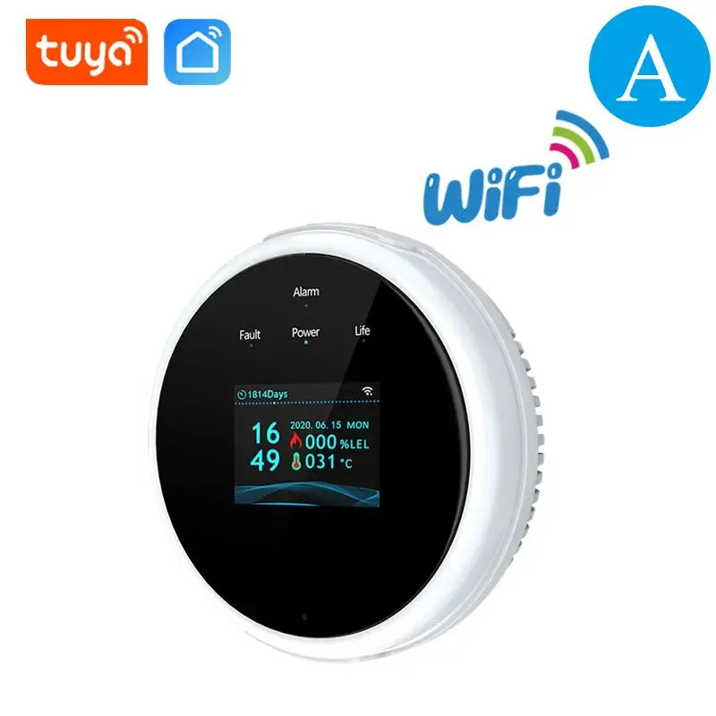 Tuya WiFi gas detector, circular white device with LED display and digital readouts