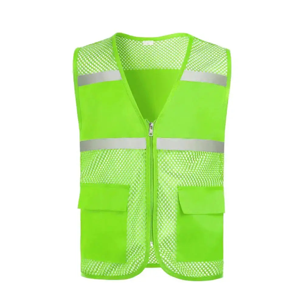 High-visibility neon green safety vest with breathable mesh panels, reflective strips, front zipper, and two pockets.