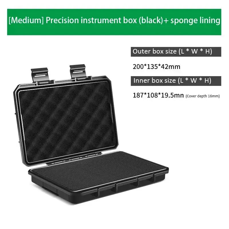 Black waterproof instrument storage case with foam lining, open to reveal padded interior