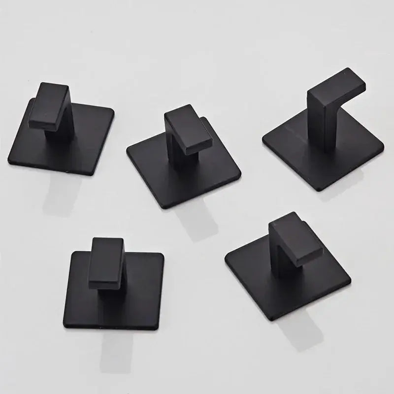 Simples Market black adhesive wall hooks set; five square-base robe hooks with rectangular arms for bathroom.