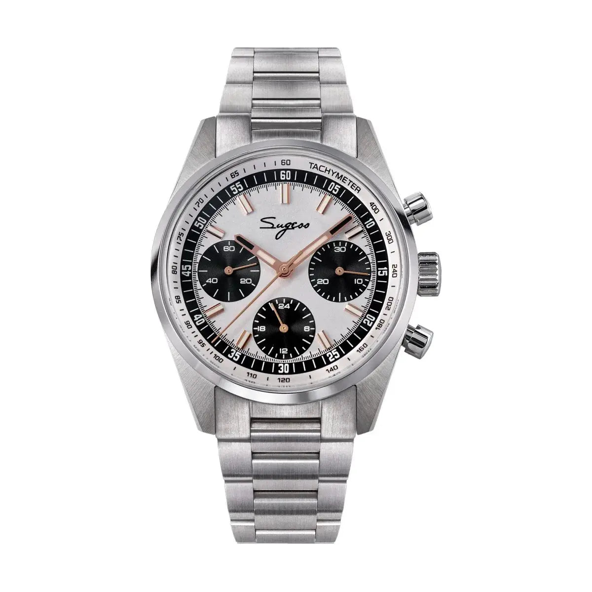 Sugess men’s 38mm chronograph stainless steel watch with sapphire crystal, roulette dial and rose-gold hands.