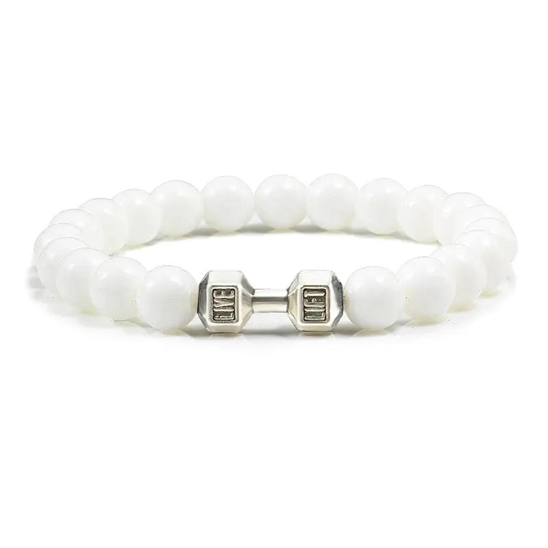 Natural Volcanic Stone Bracelet For Men And Women Matte Black Lava White Beads Dumbbell Charm Strand Fitness Jewelry