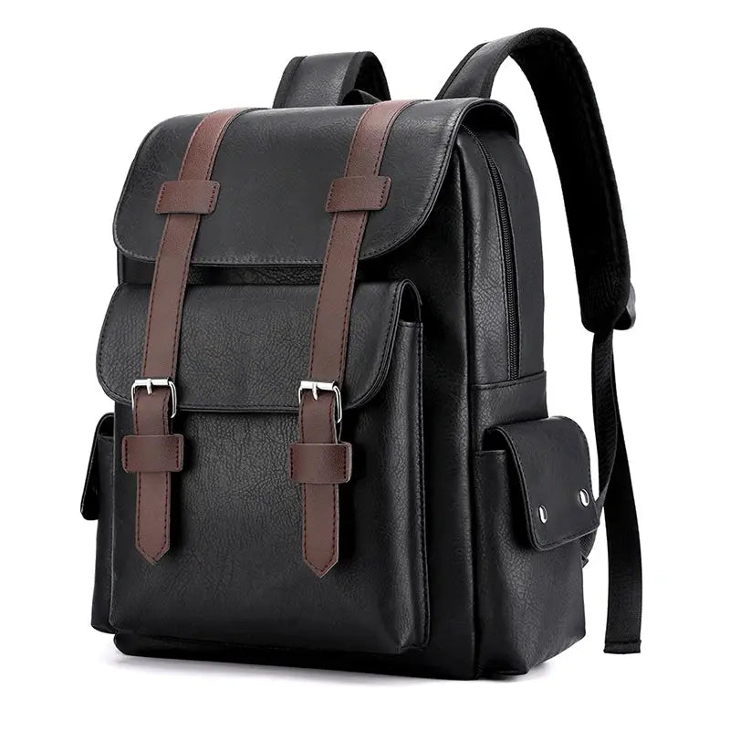 Men's PU leather backpack with brown straps, black large laptop backpack
