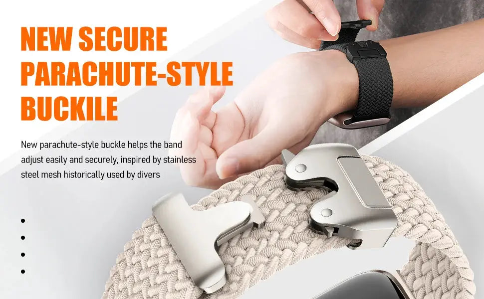 Simples Market parachute-style braided Apple Watch band in beige with metal buckle for 41–49mm models.