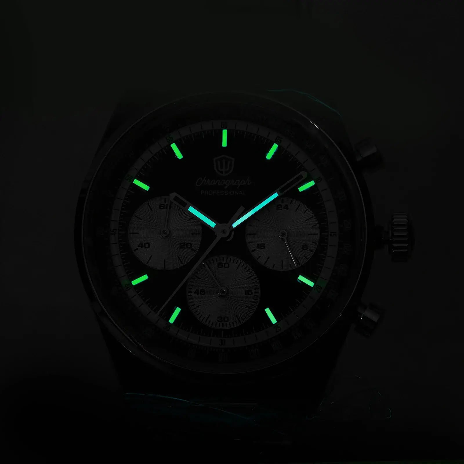 Watchdives WD0526 VK63 chronograph watch with luminous green markers and blue hands, stainless steel case Simples Market