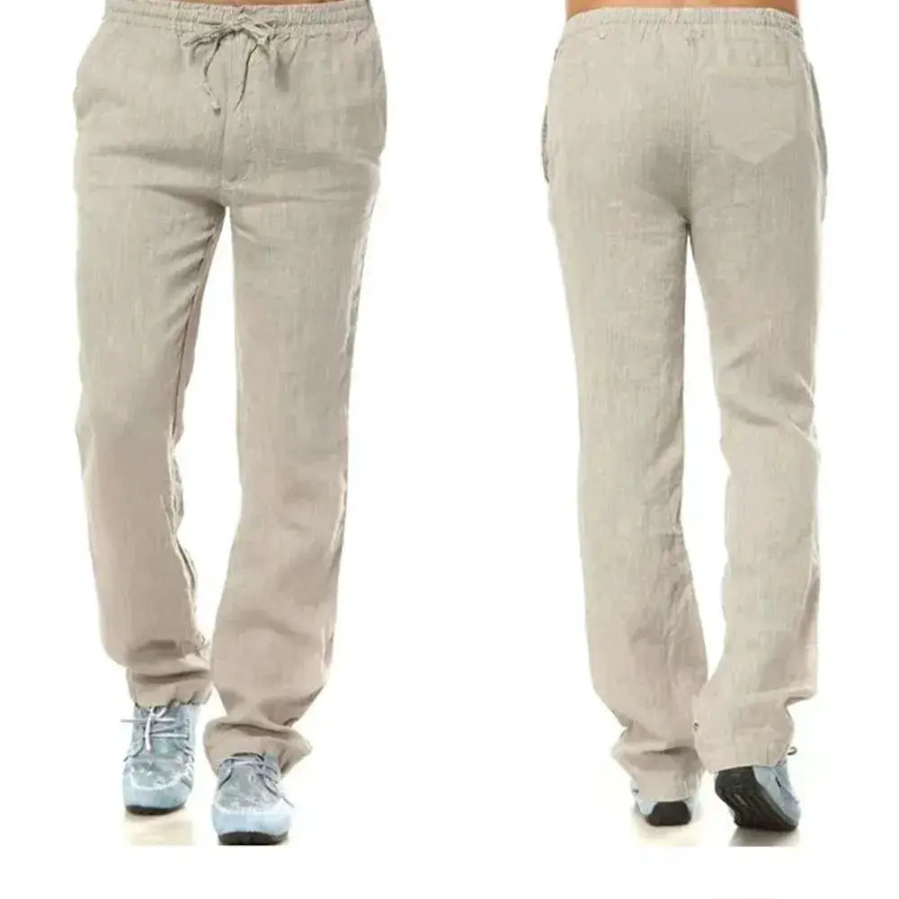 Men's Cotton Linen Pants Breathable Autumn Solid Color Linen Trousers With Elastic Waist And Straight Leg With Pockets